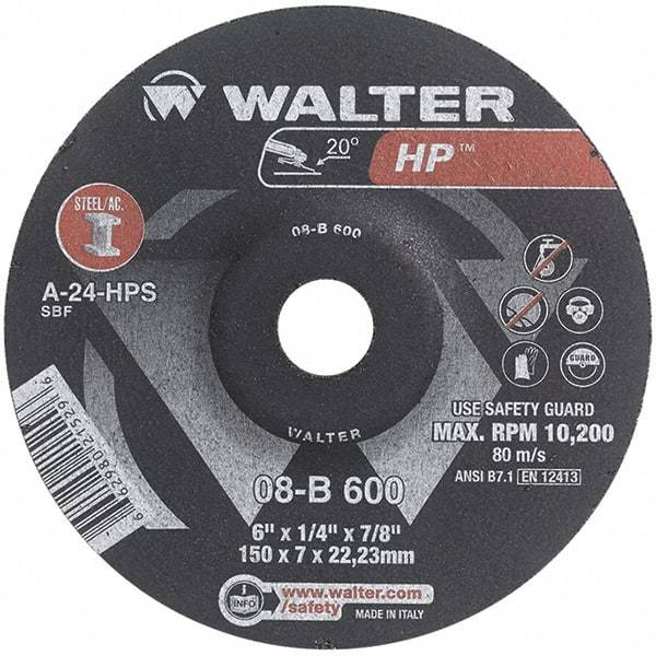 WALTER Surface Technologies - 24 Grit, 6" Wheel Diam, 1/4" Wheel Thickness, 7/8" Arbor Hole, Type 27 Depressed Center Wheel - Aluminum Oxide, Resinoid Bond, 10,200 Max RPM - Apex Tool & Supply