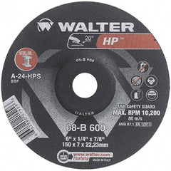 WALTER Surface Technologies - 24 Grit, 6" Wheel Diam, 1/4" Wheel Thickness, 7/8" Arbor Hole, Type 27 Depressed Center Wheel - Aluminum Oxide, Resinoid Bond, 10,200 Max RPM - Apex Tool & Supply