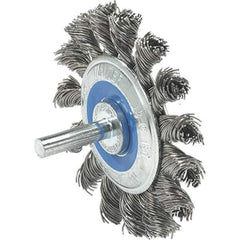 WALTER Surface Technologies - 2-3/4" OD, 1/4" Shank Diam, Knotted Steel Wheel Brush - 3/8" Face Width, 0.02" Filament Diam, 25,000 RPM - Apex Tool & Supply