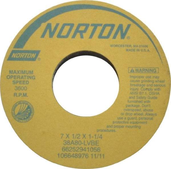 Norton - 7" Diam x 1-1/4" Hole x 1/2" Thick, L Hardness, 80 Grit Surface Grinding Wheel - Aluminum Oxide, Type 1, Medium Grade, 3,600 Max RPM, Vitrified Bond, No Recess - Apex Tool & Supply