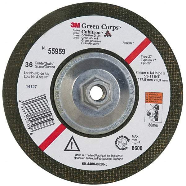 3M - 36 Grit, 7" Wheel Diam, 1/4" Wheel Thickness, Type 27 Depressed Center Wheel - Ceramic, 8,600 Max RPM, Compatible with Angle Grinder - Apex Tool & Supply