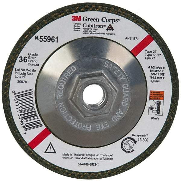 3M - 36 Grit, 4-1/2" Wheel Diam, 1/4" Wheel Thickness, Type 27 Depressed Center Wheel - Ceramic, 13,300 Max RPM, Compatible with Angle Grinder - Apex Tool & Supply