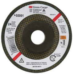 3M - 24 Grit, 4-1/2" Wheel Diam, 1/4" Wheel Thickness, 7/8" Arbor Hole, Type 27 Depressed Center Wheel - Ceramic, 13,300 Max RPM, Compatible with Angle Grinder - Apex Tool & Supply