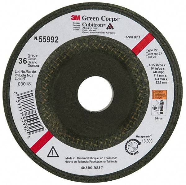 3M - 36 Grit, 4-1/2" Wheel Diam, 1/4" Wheel Thickness, 7/8" Arbor Hole, Type 27 Depressed Center Wheel - Ceramic, 13,300 Max RPM, Compatible with Angle Grinder - Apex Tool & Supply