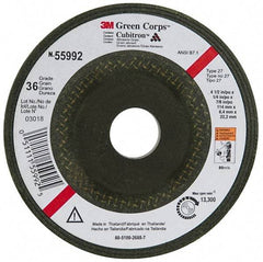 3M - 36 Grit, 4-1/2" Wheel Diam, 1/4" Wheel Thickness, 7/8" Arbor Hole, Type 27 Depressed Center Wheel - Ceramic, 13,300 Max RPM, Compatible with Angle Grinder - Apex Tool & Supply
