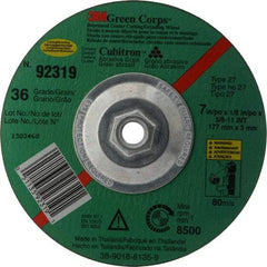 3M - 36 Grit, 7" Wheel Diam, 1/8" Wheel Thickness, Type 27 Depressed Center Wheel - Ceramic, 8,500 Max RPM, Compatible with Angle Grinder - Apex Tool & Supply