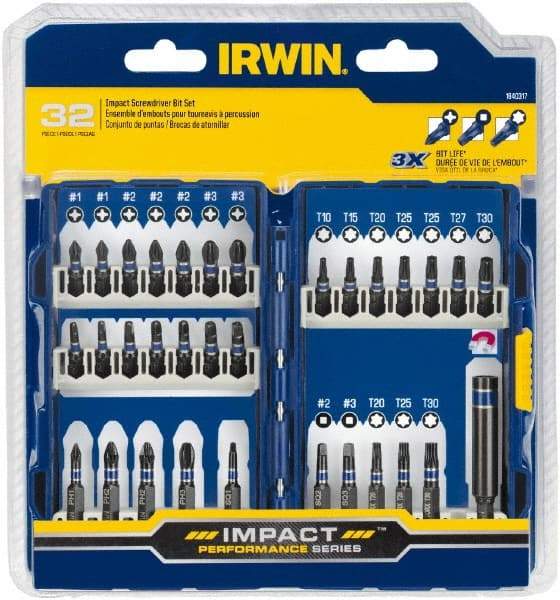 Irwin - 32 Piece, Phillips, Square, Torx Handle, Drive Set - #1 to #3 - Apex Tool & Supply