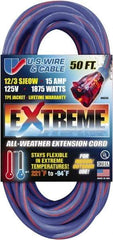 Value Collection - 50', 12/3 Gauge/Conductors, Blue/Pink Indoor & Outdoor Extension Cord - 1 Receptacle, 15 Amps, 125 Volts, UL SJEOW, NEMA 5-15P - Apex Tool & Supply
