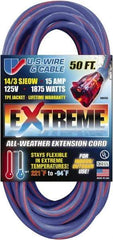 Value Collection - 50', 14/3 Gauge/Conductors, Blue/Pink Indoor & Outdoor Extension Cord - 1 Receptacle, 15 Amps, 125 Volts, UL SJEOW, NEMA 5-15P - Apex Tool & Supply
