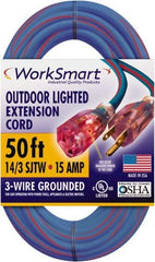 Value Collection - 50', 14/3 Gauge/Conductors, Blue/Red Outdoor Extension Cord - 1 Receptacle, 15 Amps, UL SJTW, NEMA 5-15P - Apex Tool & Supply