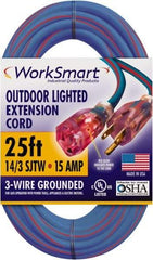 Value Collection - 25', 14/3 Gauge/Conductors, Blue/Red Outdoor Extension Cord - 1 Receptacle, 15 Amps, UL SJTW, NEMA 5-15P - Apex Tool & Supply