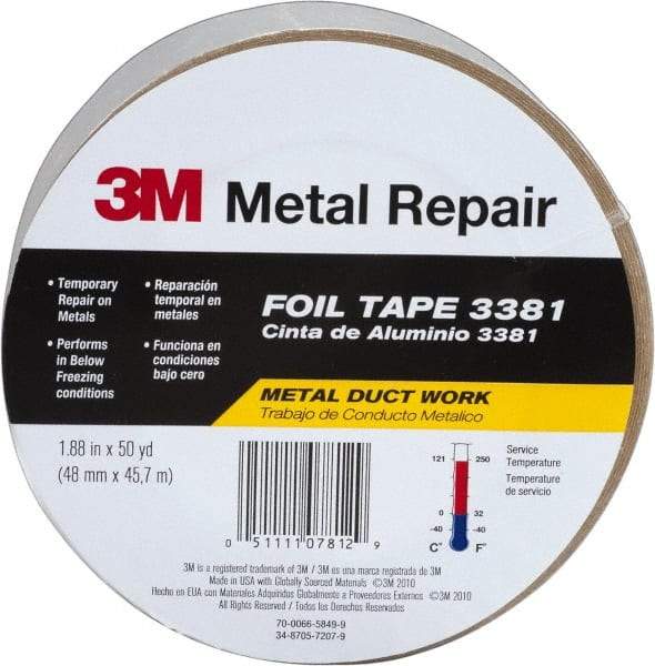 3M - 2" x 50 Yds Silver Foil Tape - 2.7 mil, Acrylic Adhesive, Aluminum Foil Backing, 10 Lb/ln Tensile Strength, -30°F to 260°F, Series 3381 - Apex Tool & Supply