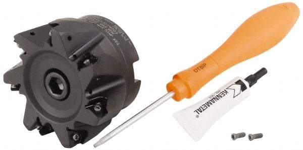 Kennametal - 7 Inserts, 3.1492" Cutter Diam, 0.059" Max Depth of Cut, Indexable High-Feed Face Mill - 1.064" Arbor Hole Diam, 1.969" High, KF2X Toolholder, WOEJ 0905.. Inserts, Series KenFeed 2X - Apex Tool & Supply