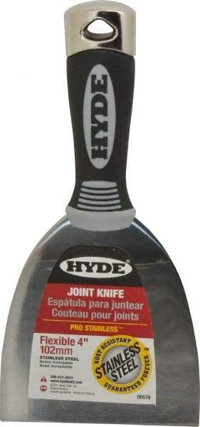 Hyde Tools - 4" Wide Stainless Steel Putty Knife - Flexible, Cushioned Grip / Hammerhead Polypropylene Handle, 8" OAL - Apex Tool & Supply