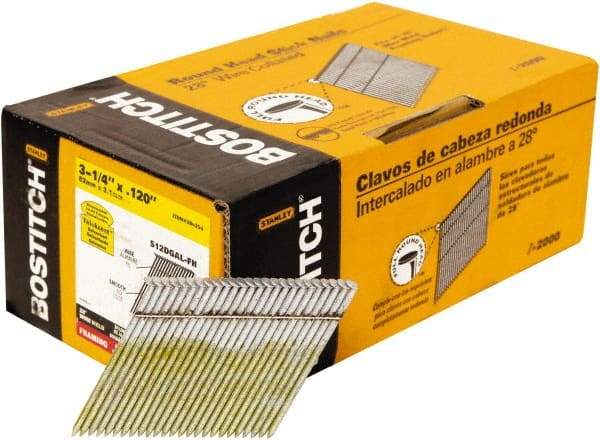 Stanley Bostitch - 11 Gauge 0.12" Shank Diam 3-1/4" Long Framing Nails for Power Nailers - Steel, Galvanized Finish, Screw Shank, Angled Stick Wire Collation, Round Head, Diamond Point - Apex Tool & Supply