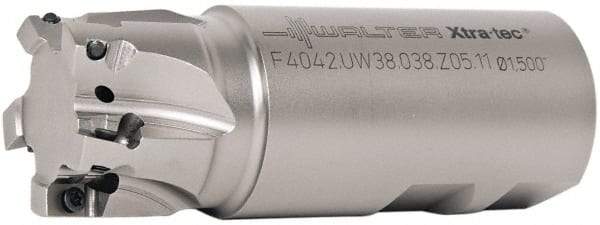 Walter - 38mm Cut Diam, 11mm Max Depth of Cut, 1-1/2" Shank Diam, 4.065" OAL, Indexable Square Shoulder End Mill - AD.T 1204.. Inserts, Weldon Shank, 90° Lead Angle - Apex Tool & Supply