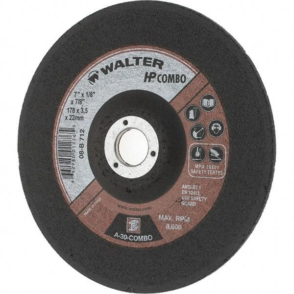 Value Collection - 30 Grit, 7" Wheel Diam, 1/8" Wheel Thickness, 7/8" Arbor Hole, Type 27 Depressed Center Wheel - Aluminum Oxide, Resinoid Bond, 8,600 Max RPM - Apex Tool & Supply