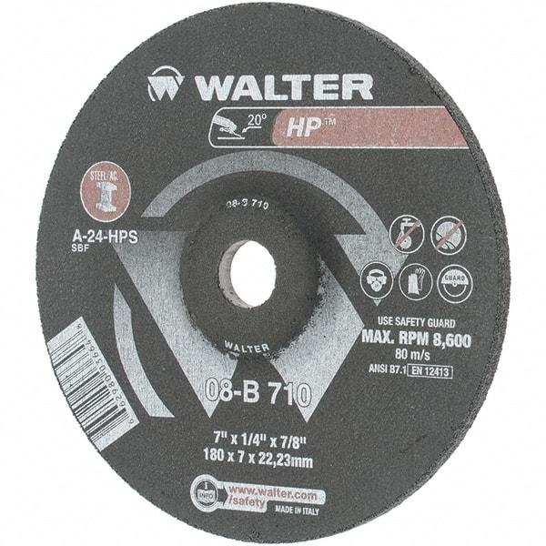Value Collection - 24 Grit, 7" Wheel Diam, 1/4" Wheel Thickness, 7/8" Arbor Hole, Type 27 Depressed Center Wheel - Aluminum Oxide, Resinoid Bond, 8,600 Max RPM - Apex Tool & Supply