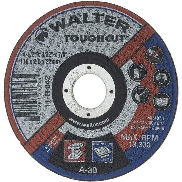 Value Collection - 4-1/2" 30 Grit Aluminum Oxide Cutoff Wheel - 3/32" Thick, 7/8" Arbor, 13,300 Max RPM - Apex Tool & Supply
