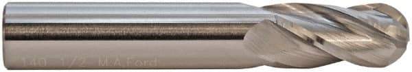 M.A. Ford - 9/16" Diam, 1-1/8" LOC, 4 Flute Solid Carbide Ball End Mill - ALtima Finish, Single End, 3-1/2" OAL, 9/16" Shank Diam, Spiral Flute - Apex Tool & Supply