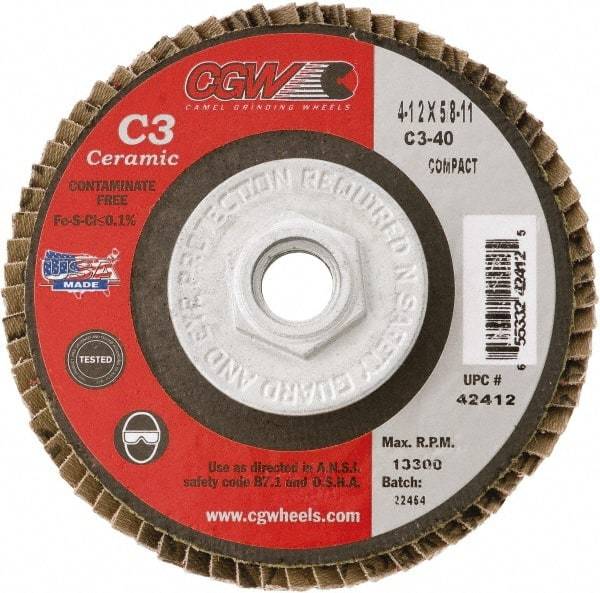 Camel Grinding Wheels - 60 Grit, 7" Disc Diam, 5/8-11 Center Hole, Type 29 Ceramic Flap Disc - 8,600 Max RPM, Polyester Backing, Arbor Attaching System, Coated - Apex Tool & Supply