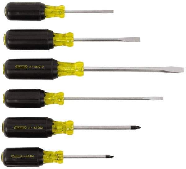 Stanley - 6 Piece Cabinet, Phillips & Slotted Screwdriver Set - Blade Sizes: Length 3, 4 & 6, Width 1/4, 5/16 & 3/16, Bit Sizes: Philips #1 to #2 - Apex Tool & Supply