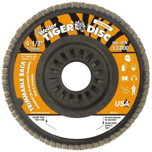 Weiler - 60 Grit, 4-1/2" Disc Diam, 7/8" Center Hole, Type 29 Zirconia Alumina Flap Disc - 13,000 Max RPM, Plastic Backing, Arbor Attaching System, Coated - Apex Tool & Supply