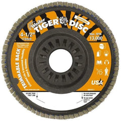 Weiler - 60 Grit, 4-1/2" Disc Diam, 7/8" Center Hole, Type 29 Zirconia Alumina Flap Disc - 13,000 Max RPM, Plastic Backing, Arbor Attaching System, Coated - Apex Tool & Supply
