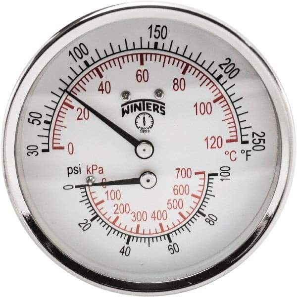 Winters - 3" Dial, 1/2 Thread, 0-100 Scale Range, Pressure Gauge - Center Back Connection Mount, Accurate to 0.03% of Scale - Apex Tool & Supply