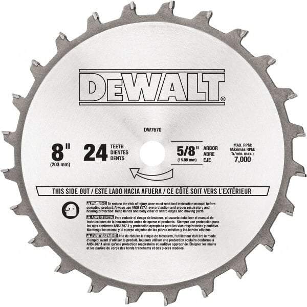 DeWALT - 8" Diam, 5/8" Arbor Hole Diam, 24 Tooth Wet & Dry Cut Saw Blade - Tungsten Carbide-Tipped, Standard Round Arbor - Apex Tool & Supply
