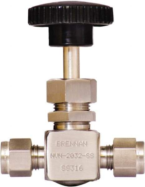 Brennan - 1/4" Pipe, Straight Needle Valve - PTFE Seal, Tube Ends, Stainless Steel Valve, 6,000 Max psi - Apex Tool & Supply