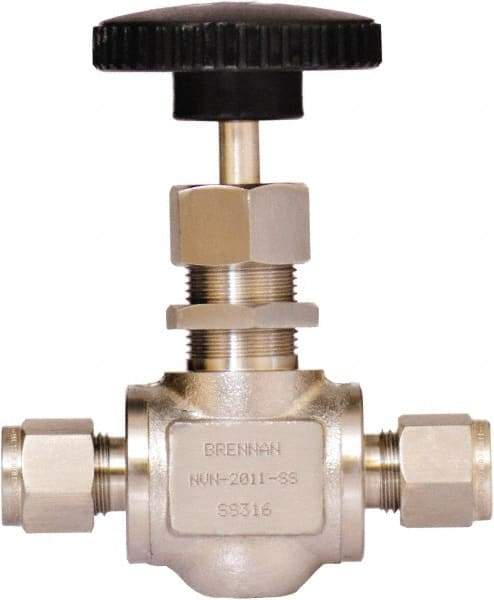 Brennan - 1/4" Pipe, Straight Needle Valve - PTFE Seal, Tube Ends, Stainless Steel Valve, 6,000 Max psi - Apex Tool & Supply