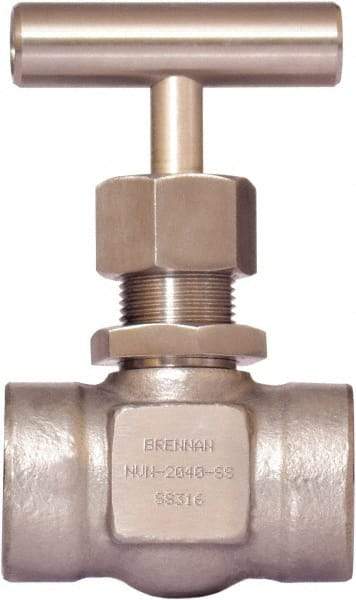 Brennan - 3/8" Pipe, Straight Needle Valve - PTFE Seal, NPT Ends, Stainless Steel Valve, 6,000 Max psi - Apex Tool & Supply