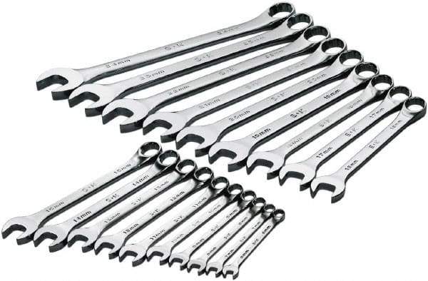 SK - 19 Piece, 6mm to 24mm, 12 Point Combination Wrench Set - Metric Measurement Standard, Chrome Finish, Comes in Rack - Apex Tool & Supply