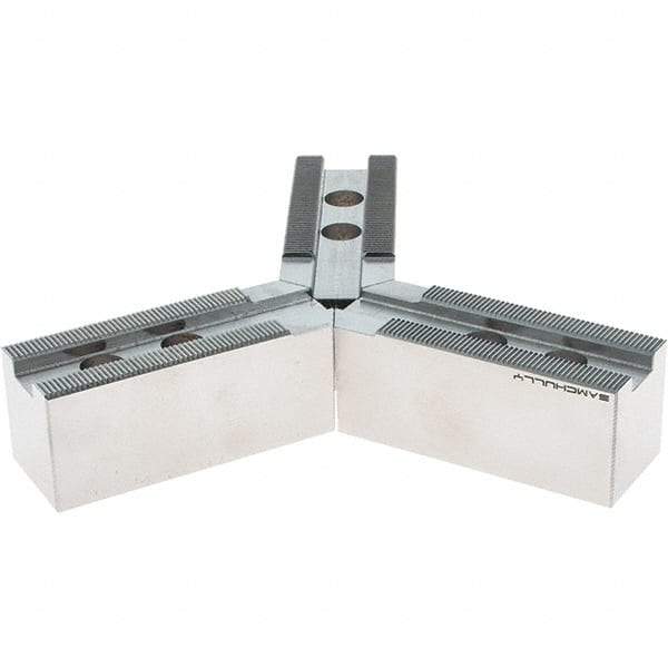 Samchully - 210mm Max Chuck Capacity, 1.5mm x 60° Serrated Interface, Round Soft Lathe Chuck Jaw - 3 Jaw, Steel, 25mm Btw Mount Hole Ctrs, 95mm Long, 35mm Wide, 38mm High, 14mm Groove, M12mm Fastener - Apex Tool & Supply