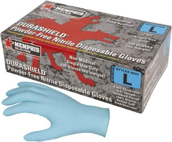 MCR Safety - Size 3XL, 4 mil, Industrial Grade, Powder Free Nitrile Disposable Gloves - 9-1/2" Long, Blue, Textured Rolled Cuffs, FDA Approved, Ambidextrous - Apex Tool & Supply