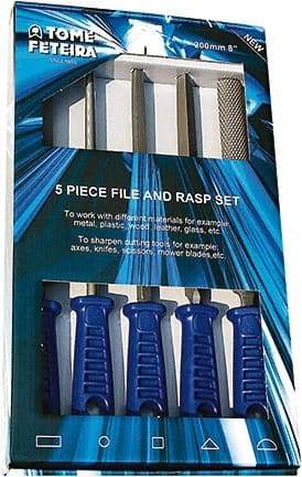 Anglo American - 5 Piece American Pattern File Set - 8" Long, Bastard Coarseness, Set Includes Square, Flat, Round, Half Round, Three Square - Apex Tool & Supply