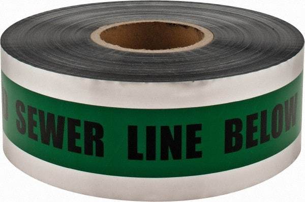 PRO-SAFE - Caution: Buried Sewer Line Below, Detectable Underground Tape - 1,000 Ft. Long x 3 Inch Wide Roll, Polyethylene on Aluminum, 5 mil Thick, Green - Apex Tool & Supply