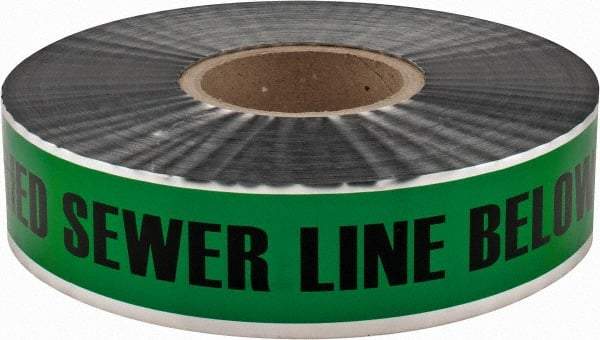 PRO-SAFE - Caution: Buried Sewer Line Below, Detectable Underground Tape - 1,000 Ft. Long x 2 Inch Wide Roll, Polyethylene on Aluminum, 5 mil Thick, Green - Apex Tool & Supply