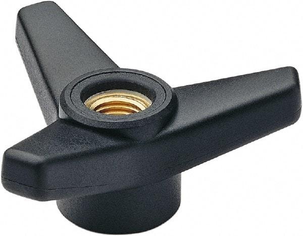 Elesa - 2-1/2" Head Diam, 5/16-18 Hole, 1.375" High, Glass Fibre Reinforced Technopolymer 3 Arm Knob - 1" Hub Diam, 0.98 Head Height, Thru Female Insert Style, 13/16 Hole Depth, Black - Apex Tool & Supply