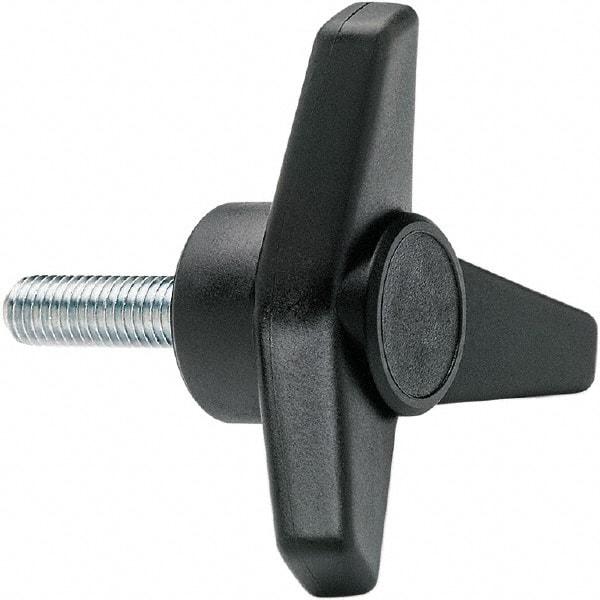 Elesa - 1-3/4" Head Diam, 1" High, 3/4" Long Thread, Glass Fibre Reinforced Technopolymer 3 Arm Knob - 3/8-16 Stem, 3/4" Hub Diam, 0.98 Head Height, Threaded Stem Style, Black - Apex Tool & Supply