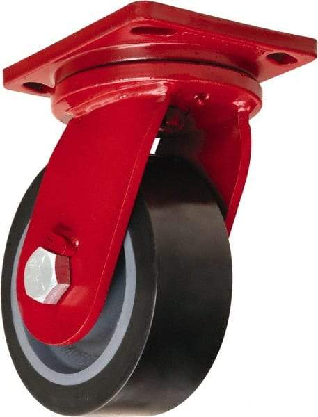 Hamilton - 8" Diam x 3" Wide x 10-1/2" OAH Top Plate Mount Swivel Caster - Polyurethane Mold on Forged Steel, 4,550 Lb Capacity, Tapered Roller Bearing, 6-1/2 x 7-1/2" Plate - Apex Tool & Supply