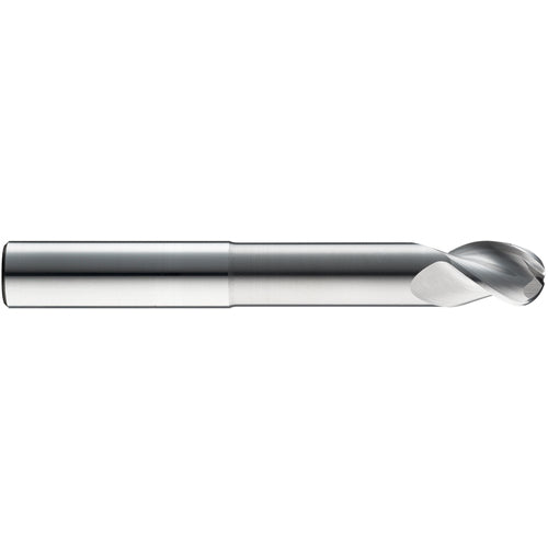 3/8″ Dia. × 3/8″ Shank × 1/2″ DOC × 4″ OAL, Carbide Uncoated, Spiral , 3 Flute, 38° Helix, Ballnose End Mill - Exact Industrial Supply