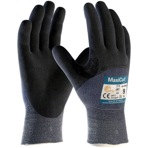 ‎44-3755/M Gloves for Cut Protection - MaxiCut Ultra - Blue 15G Eng Yarn - Black 3/4 Dip MicroFoam Nitrile - A3 - Exact Industrial Supply