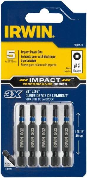 Irwin - #2" Square Size Square Recess Bit - 1/4" Hex Drive, 2" OAL - Apex Tool & Supply