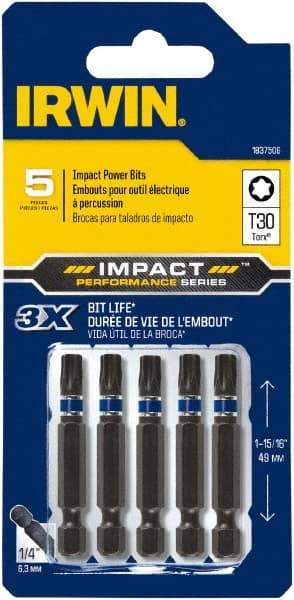 Irwin - T30 Torx Bit - 1/4" Hex Drive, 2" OAL - Apex Tool & Supply