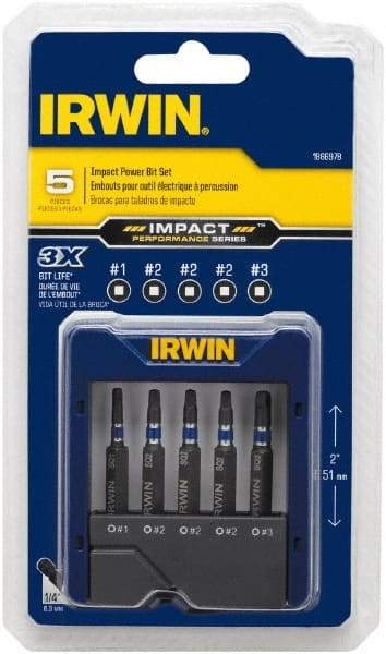 Irwin - 5 Piece, Screwdriver Power Bit Set - #1 to #3 Square Recess - Apex Tool & Supply