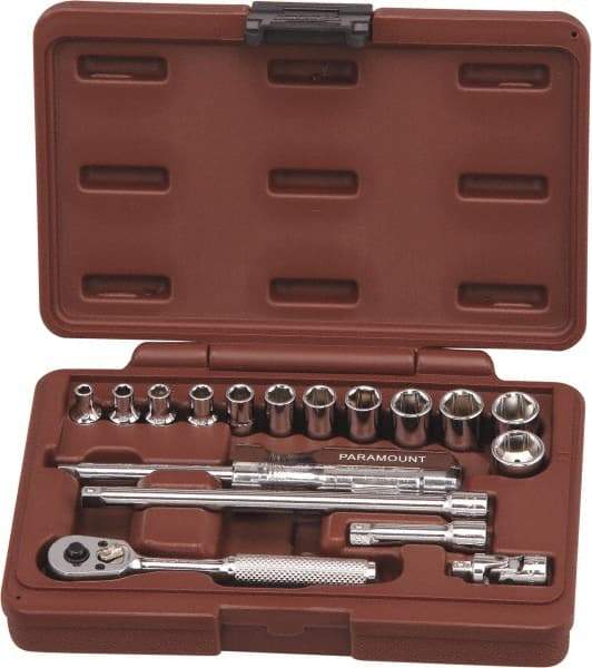 Paramount - 17 Piece 1/4" Drive Chrome Finish Socket Set - 6 Points, 4mm to 14mm Range, Metric Measurement Standard - Apex Tool & Supply
