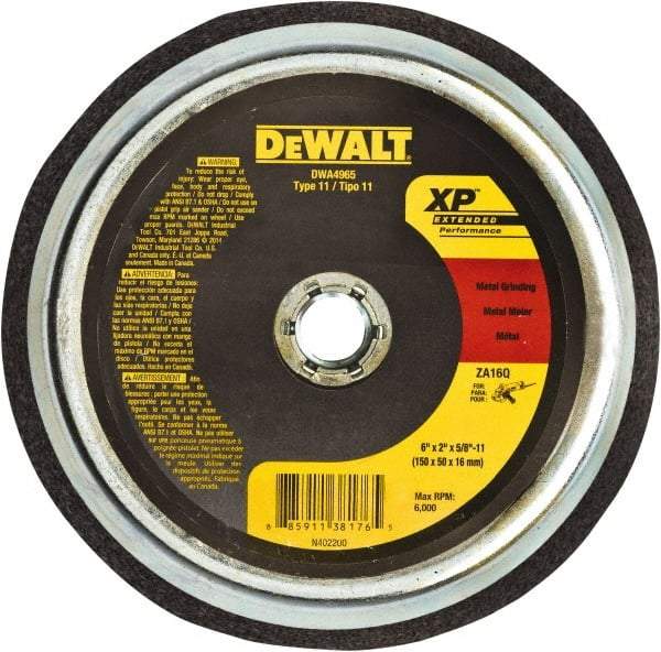 DeWALT - 6" Diam, 5/8" Hole Size, 2" Overall Thickness, 24 Grit, Type 11 Tool & Cutter Grinding Wheel - Coarse Grade, Zirconia Alumina, R Hardness, Resinoid Bond, 6,000 RPM - Apex Tool & Supply