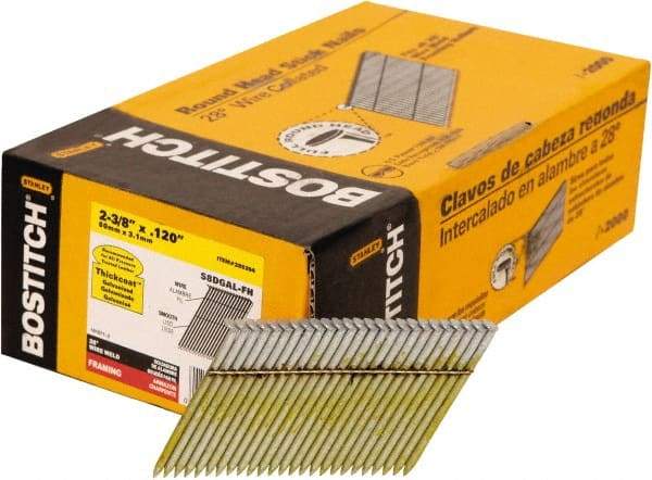 Stanley Bostitch - 11 Gauge 0.12" Shank Diam 2-3/8" Long Framing Nails for Power Nailers - Steel, Galvanized Finish, Smooth Shank, Angled Stick Wire Collation, Round Head, Diamond Point - Apex Tool & Supply